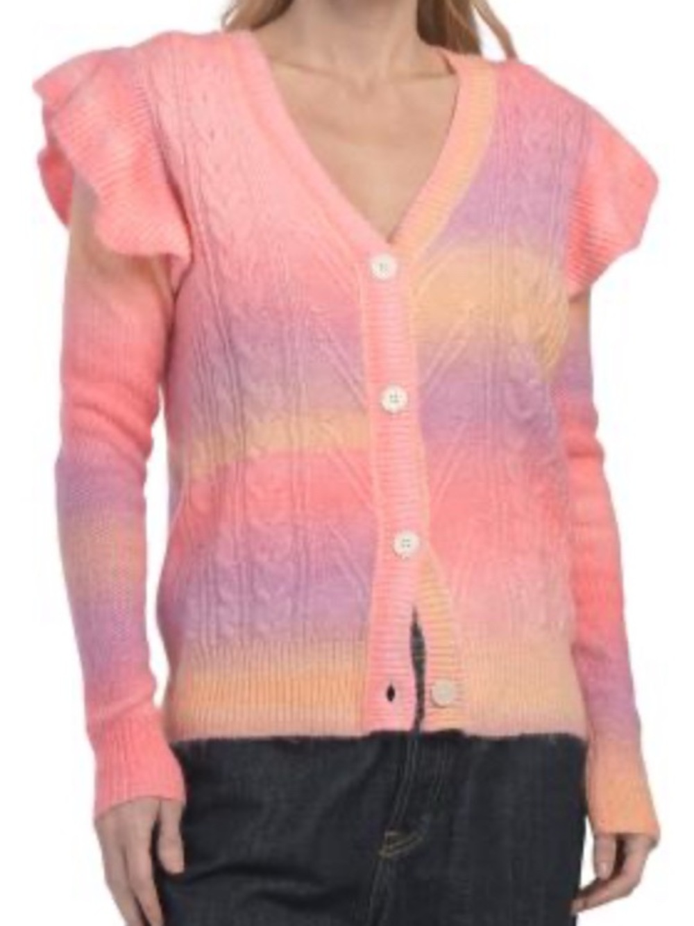 🆕-Multi Pastel Long Sleeve  Gradient Cable-Knit Button down Cardigan Sweater